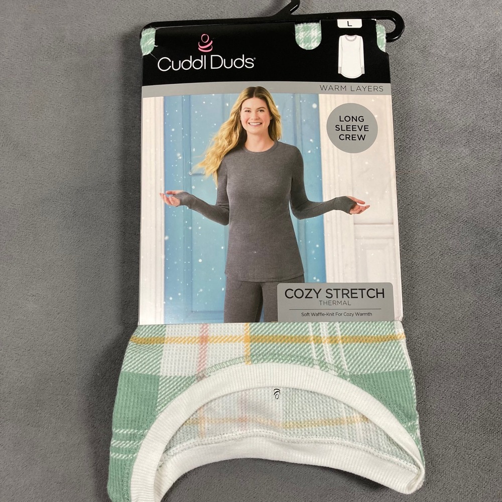 Cuddl Duds Cozy Stretch Thermal Long Sleeve Crew Green Plaid Top Large NWT